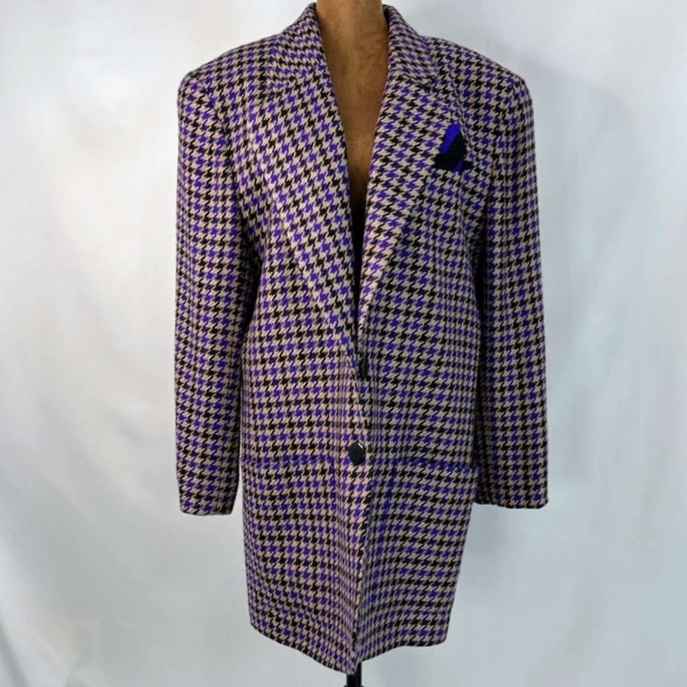 Paul Stanley Blazer Women L Purple Tan Houndstooth Longline Vintage Button Front